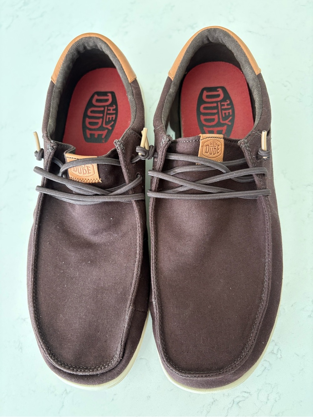 Hey Dude Men's Dark Brown Canvas Slip-On Loafers with Tan Accents